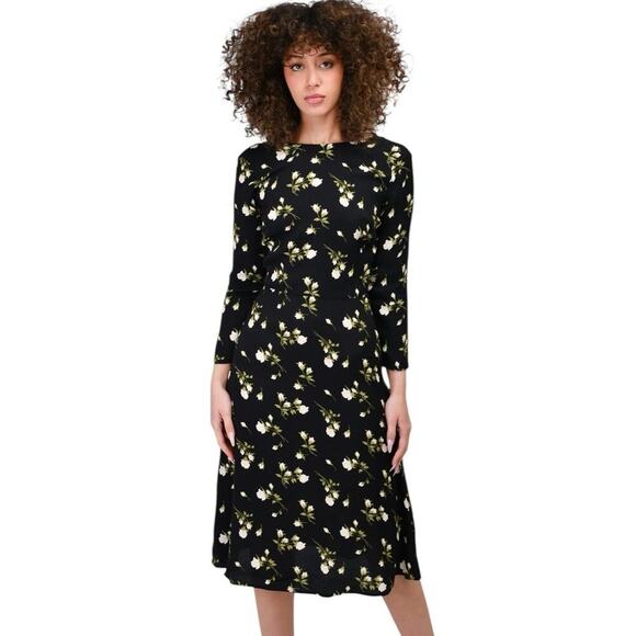 Reformation Floral Print Midi Dress Size 2 Black Floral Long Sleeve Cocktail - Picture 1 of 16